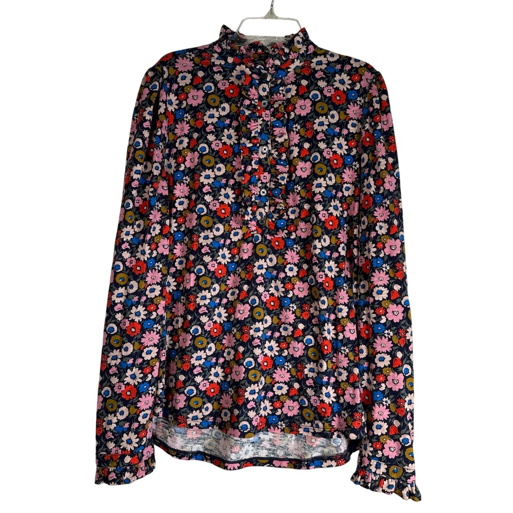 Boden Womens Floral Ruffle Neck Cotton Top Navy Blue Pink US 12